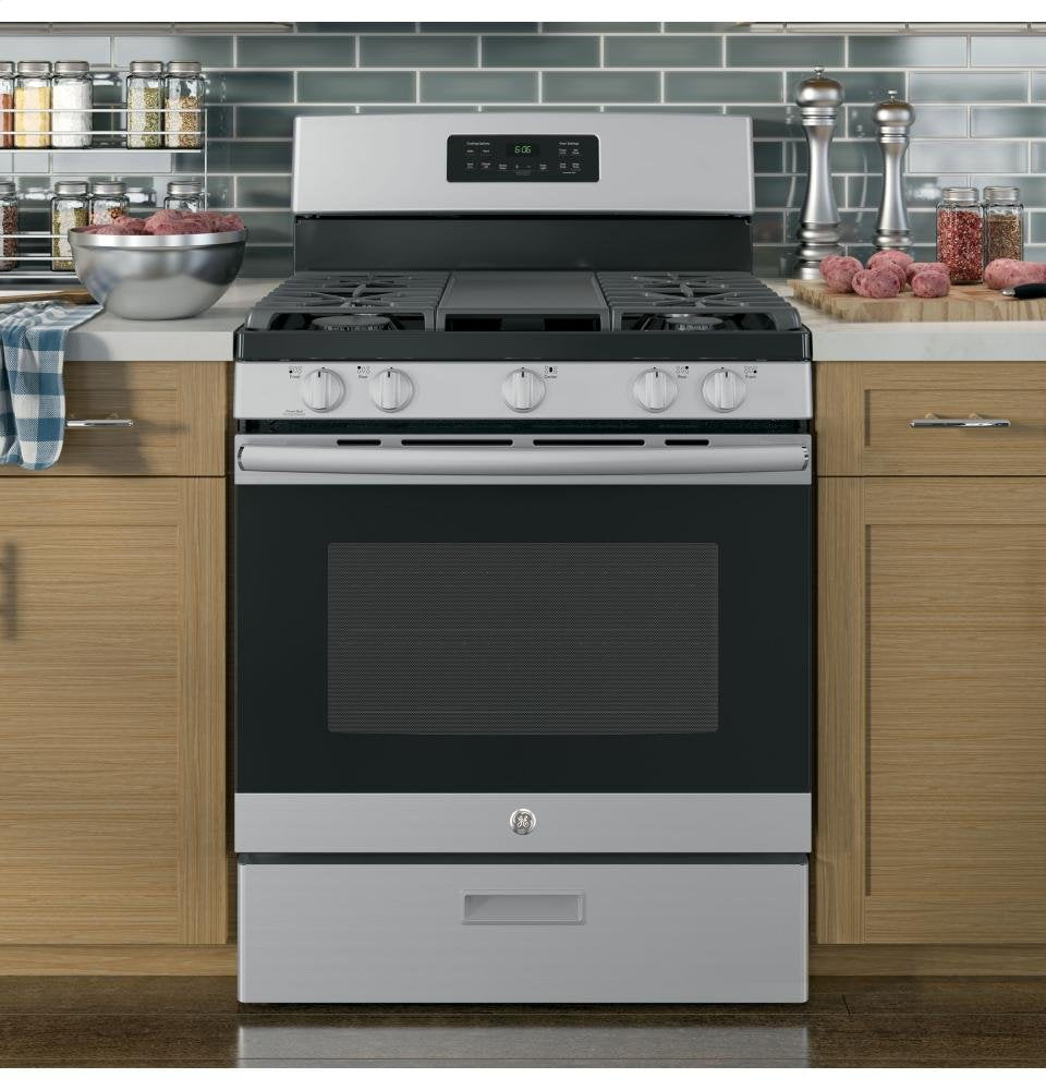 GE 30 Inch Free-Standing Gas Range, 5.0 cu. ft. Oven, 5 Sealed Burners, Broiler Drawer, Continuous Grates, Steam Clean, Simmer & Power Boil Burners, Non-Stick Griddle, Stainless Steel