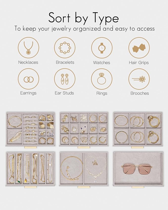 Vlando 6 Layer Jewelry Box for Women, Glass Lid Jewelry Organizer with 6 Drawers for Necklaces Rings Earrings Bracelets - Grey
