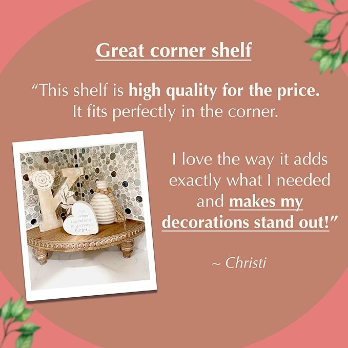 Farmhouse Corner Shelf Stand [with Removable Feet] - Bathroom Countertop Organizer, Decorative Tray Riser, Beaded Wooden Tray, Corner Tray Plant Stand, Coffee Bar Organizer for Kitchen Countertop