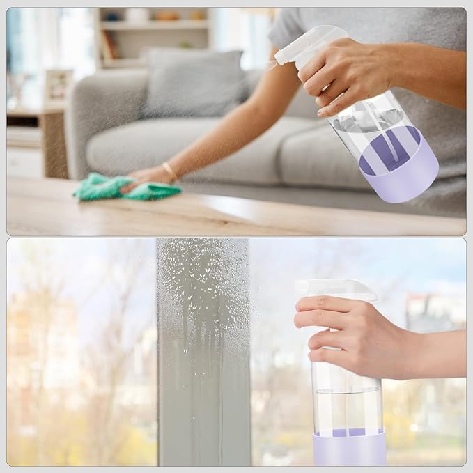 Worldgsb 2 Pack Glass Spray Bottles with Silicone Sleeve, 16 oz Empty Refillable Containers with Adjustable Spray Nozzles, Spray Bottles for Hair, Cleaning Solutions and Plants Purple