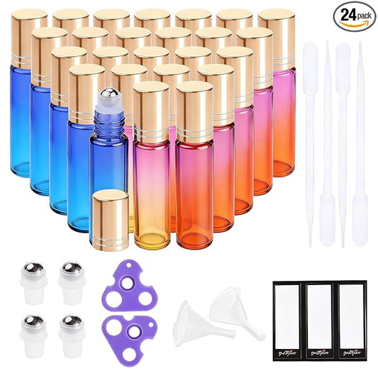 PrettyCare 24 Pack, 10 ml Essential Oil Roller Bottles with Stainless Steel Roller Ball - Refillable Leak-proof Empty Thick Rainbow Glass Roll on Bottles with Metal Caps for Travel, Perfume