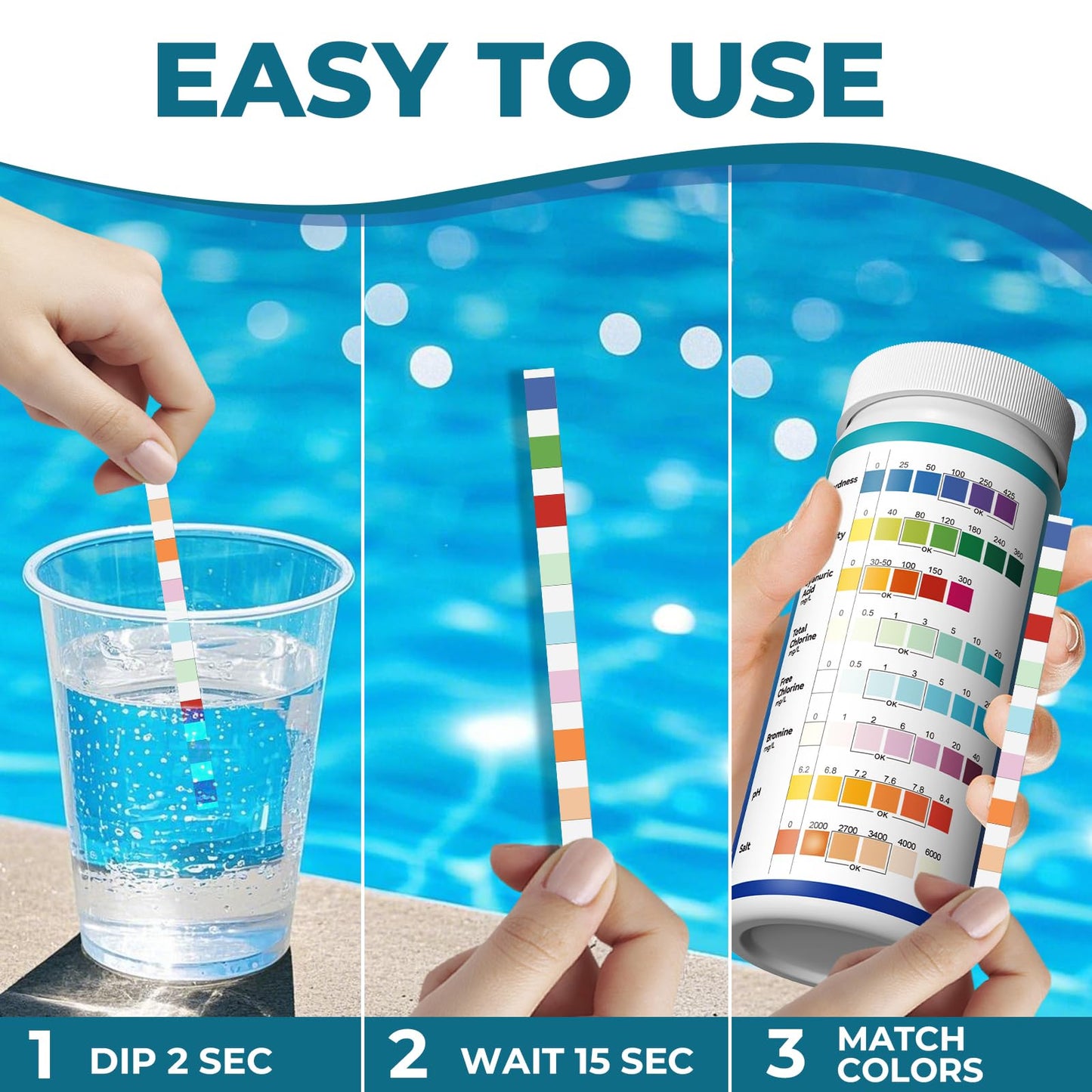 NewTest Pool Salt Test Strips: 150CT 8 in 1 Professional Pool Test Strips for Salt Water Pool & Hot Tub & Spa & Swimming Inground Pools - Quick Accurate Results Saltwater Pool Testing Kit (150)