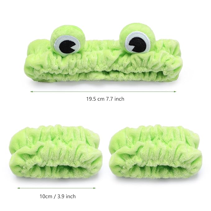 Soft Spa Headband and Wristbands for Face Washing, Cute Frog Makeup Headbands Elastic Skincare Hair Band Shower Head Wraps Hair Accessories for Women Girls