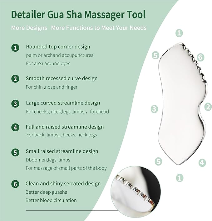 2Pcs Gua Sha Facial Tools Stainless Steel, Detailer GuaSha Set for Face Neck, Natural Skin Care Metal Gua Sha Lymphatic Drainage Face Massage Tool, Gift for Women