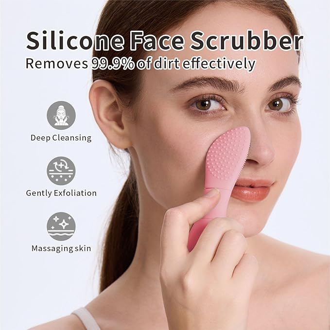 Silicone Face Scrubber Blackhead Remover Tool,Mask Applicator for Nourishing, Pore Deep Cleaning & Exfoliator -No-Slip Long Handle, Gentle Face Massage,Daily Skin Care Tool for Women & Men (Pink)