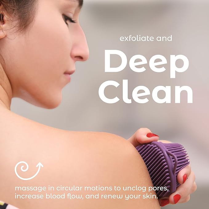 MainBasics Silicone Body Scrubber Dual-Sided Shower Loofah and Exfoliator (Purple, Exfoliate)