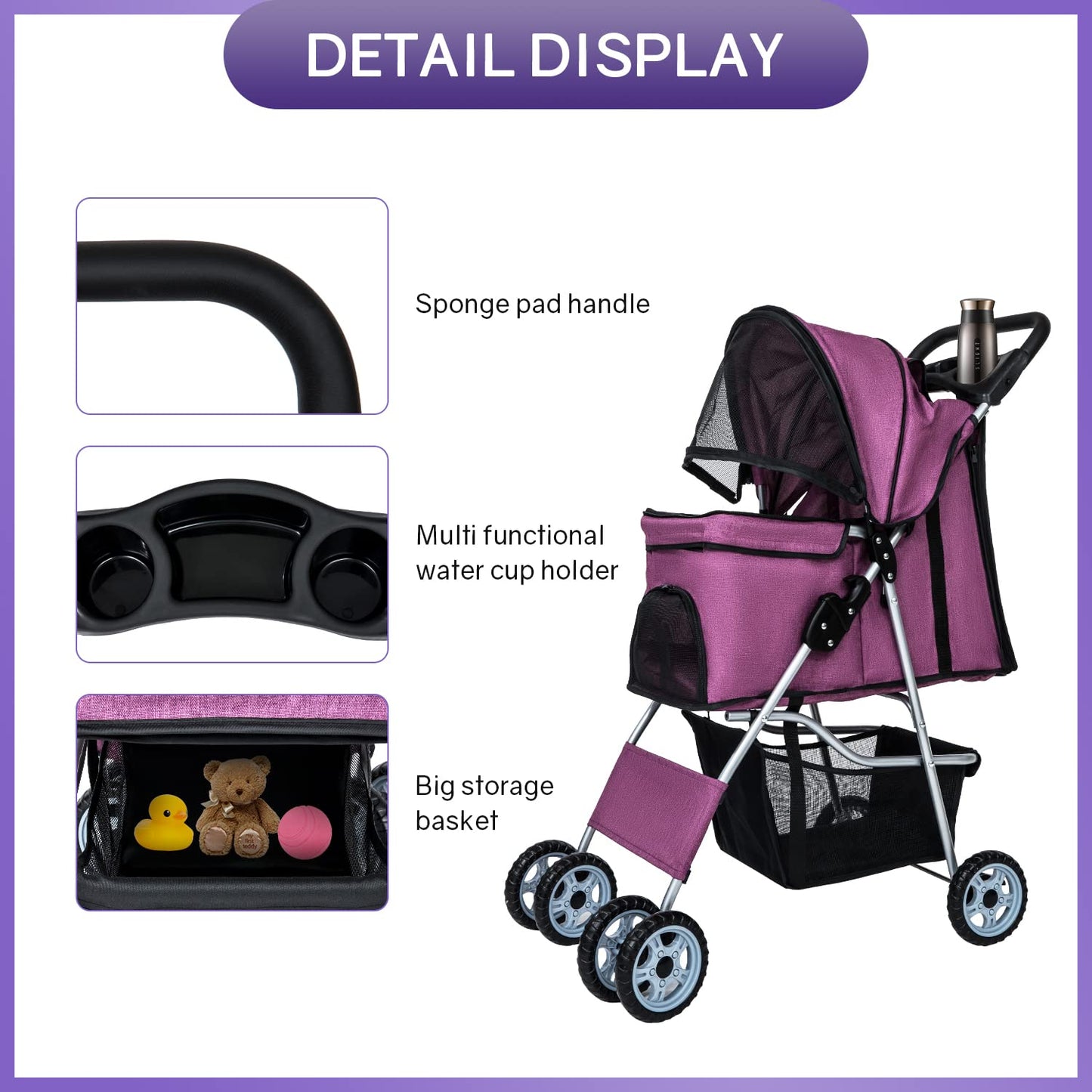 BestPet Pet Stroller Dog Cat Jogger Stroller for Medium Small Dogs Cats Folding Lightweight Travel Stroller with Cup Holder (Purple, 4 Wheels)