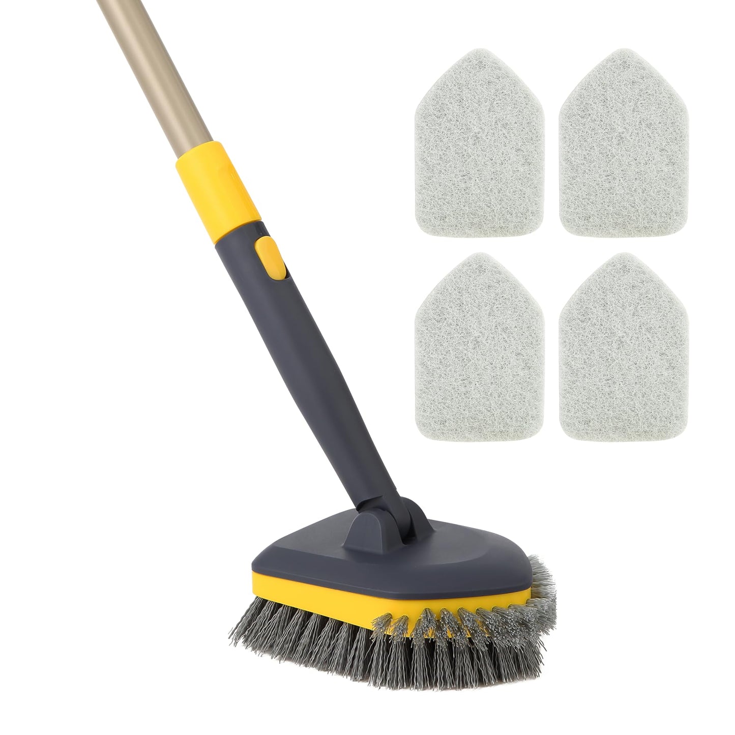 Yocada Tub Tile Scrubber Brush 2 in 1 Cleaning Brush Telescopic Pole Stiff Edge Bristles 4*Scouring Pads for Bathroom Shower Floor Corner Cleaning Non Scratch 58.2"