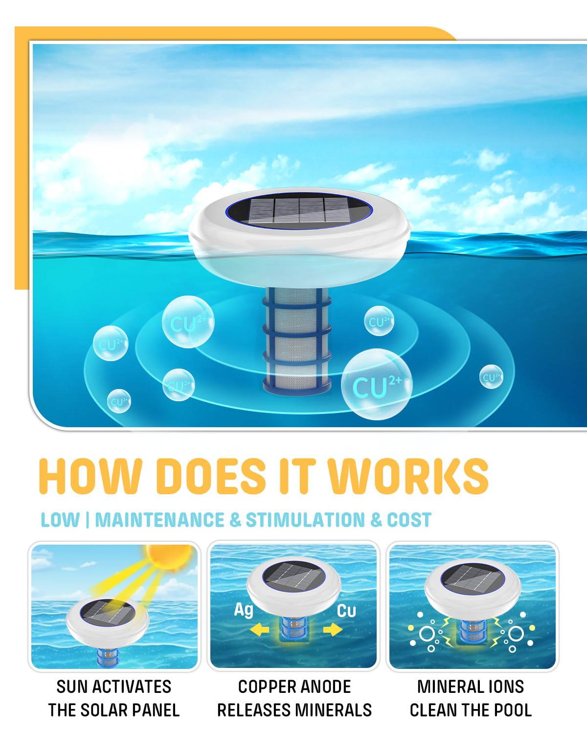 Solar Pool Cleaner, Floating Water Cleaner and Purifier, Copper for Pool 35,000 Gallons, Large Solar Panel & 2 Sets of Fittings, Floating Water Cleaner for Above Ground Pool & Inground Pool