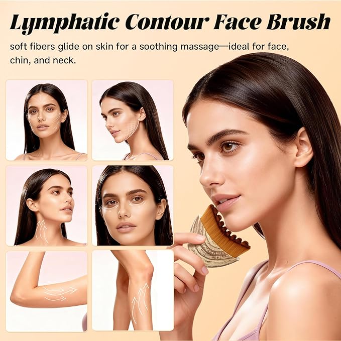 Trazzo Lymphatic Contour Face Brush, Dry Facial Brush for Lymphatic Drainage Ã¢ÂÂ Soft Bristles for Face Sculpting, Puffiness Reduction & Natural Glow