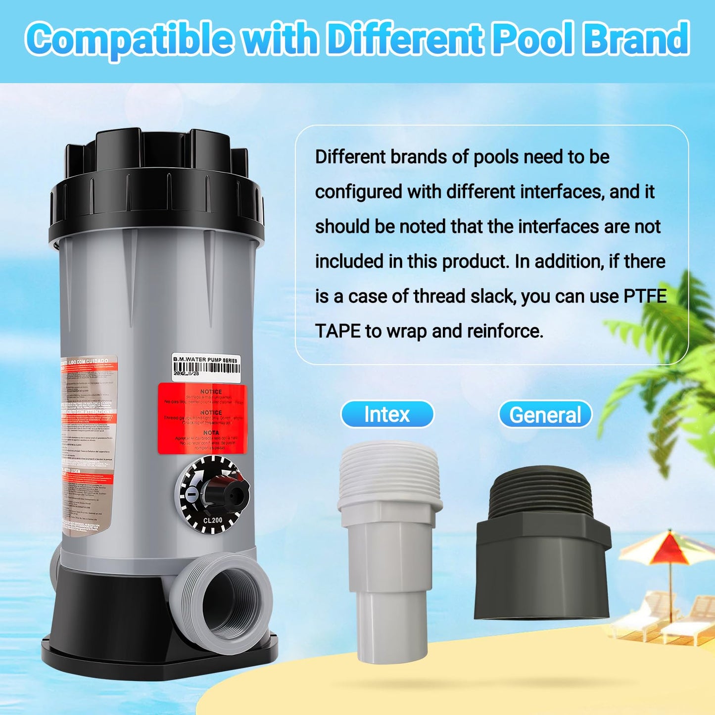 CL200 Inline Automatic Pool Chlorinator Feeder, Compatible with Hayward CL200 In-Ground Pools, Fits 1-1/2" Inner & 2" Outer Thread PVC Pipe, Large Capacity Chlorine Tablet Dispenser