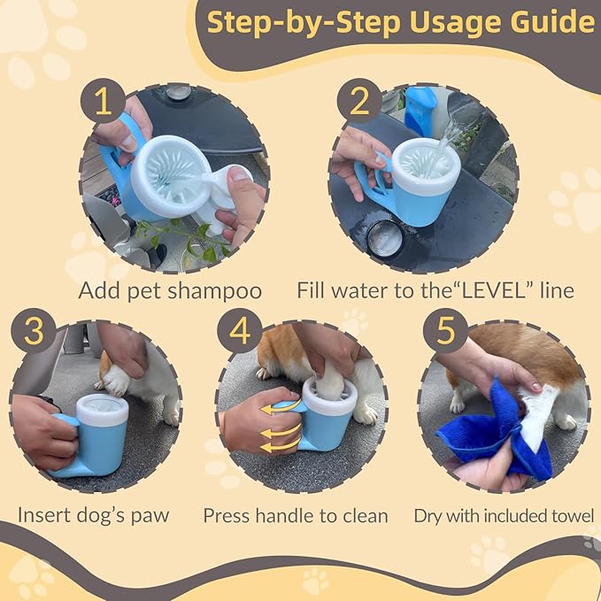 Medium Pet Paw Cleaner Cup - Easy Press Design Dog Foot Washer with Soft Massage Brush & Absorbent Towel - Reusable Durable Paw Cleaning Cup for Dogs Cats, Easy to Clean Handheld Bath Tool