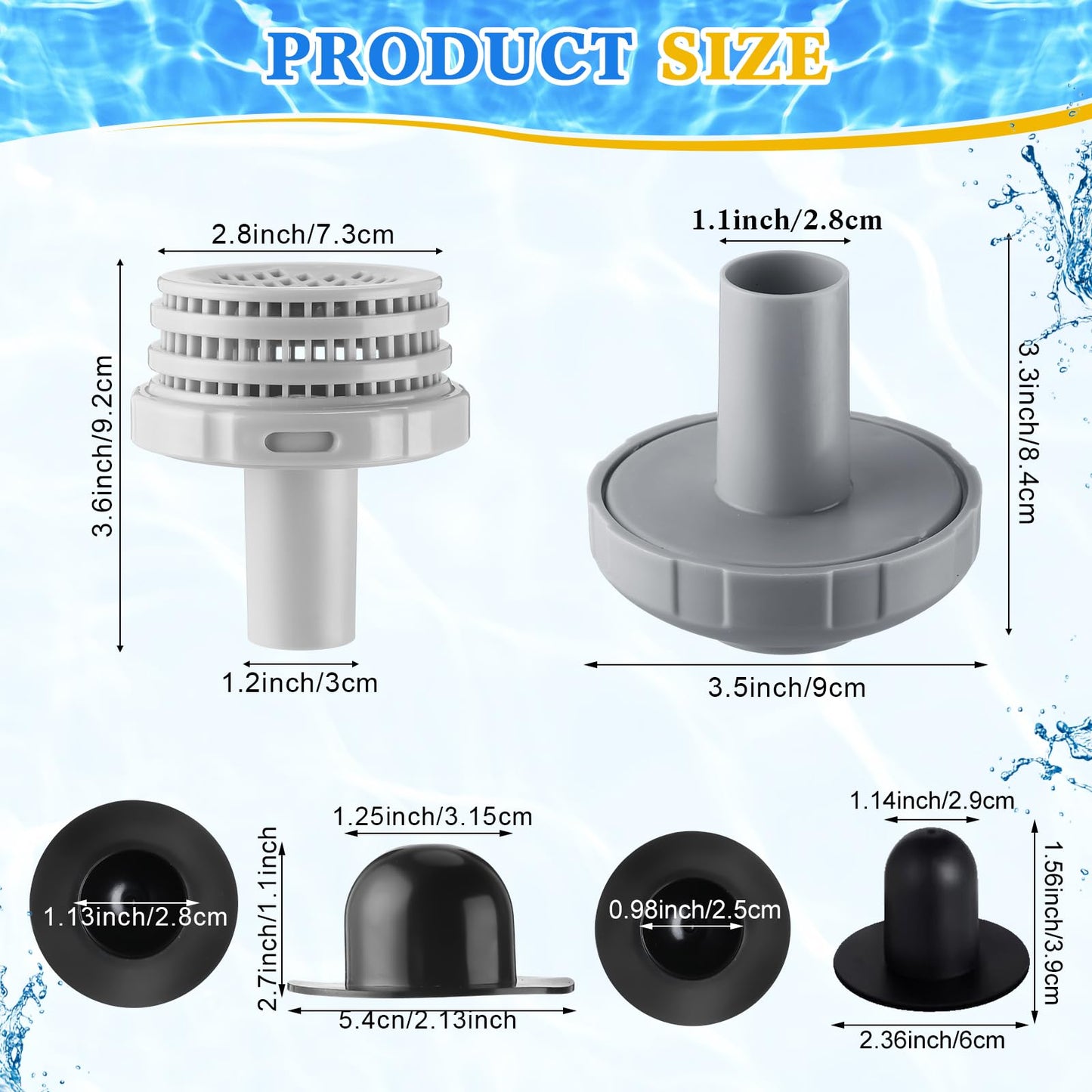 Pushglossy 1 Set Swimming Pool Water Jet Connectors Replacement Parts Kit Small Strainers with Pool Outlet Strainers, Inlet Nozzles and Hole Plugs with 1.25 Inch Fittings (Black,Grey)