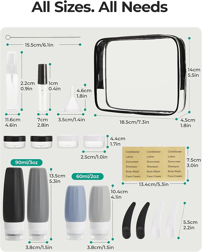 BAGSMART 18 Pack TSA Approved Travel Bottles for Toiletries, Leak Proof Silicone Travel Size Containers Bottles for Shampoo, Earth Tone
