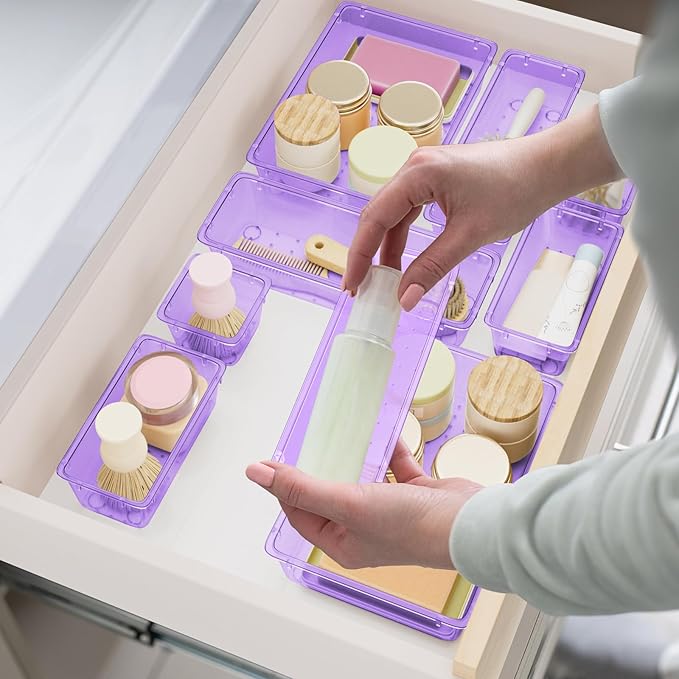 SpaceHacks 15 PCS Clear Plastic Drawer Organizer Set, 4-Size Acrylic Drawer Storage Trays, Storage Bins for Makeup, Gadgets, and Jewelry in Bathroom, Bedroom and Office, Clear Purple