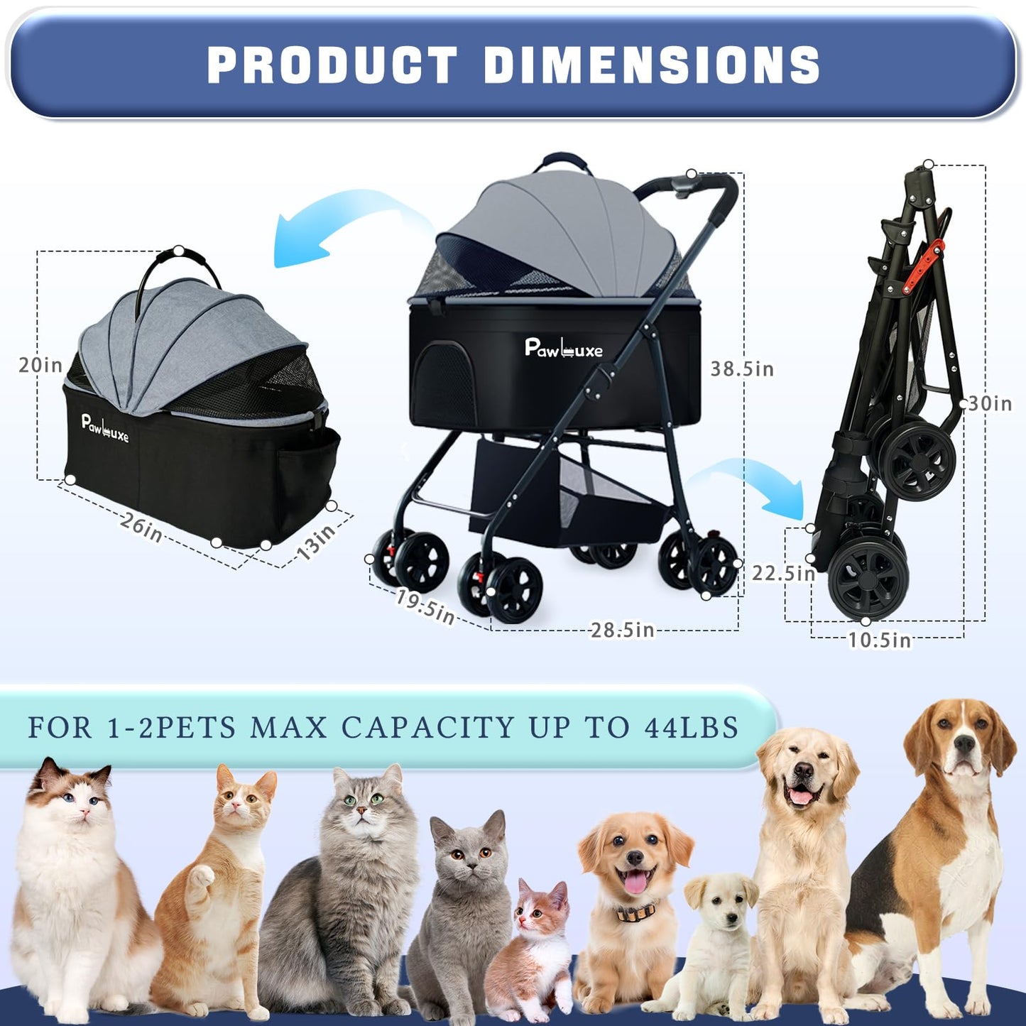 PawLuxe 4 Wheels Pet Stroller 4 in 1 Pet Stroller with Detachable Carrier for Small & Medium Dogs Cats up to 55 lbs Easy-Folding Travel Dog Wagon with Car Seat Breathable Mesh,Blue Cartoon