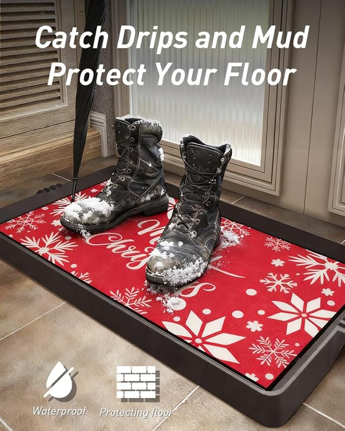 Christmas Boot Tray Mat - Heavy Duty Snow & Water Catch Tray, Waterproof Rubber Shoe Mat with Lip for Entryway, Indoor & Outdoor Holiday Decor Storage (16"x48")