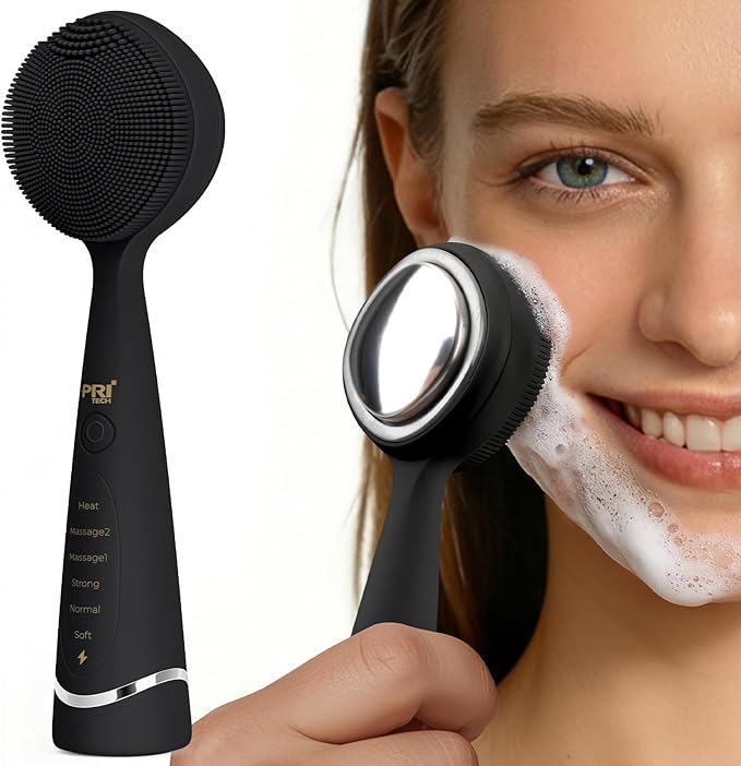 PRITECH Facial Cleansing Brush with 42ÃÂ° ConstantÃ¢ÂÂTemperature Heating Ã¢ÂÂ Rechargeable Silicone Face Scrubber for Deep Pore Cleaning, Waterproof Vibrating Exfoliator for Women & Men (Black)