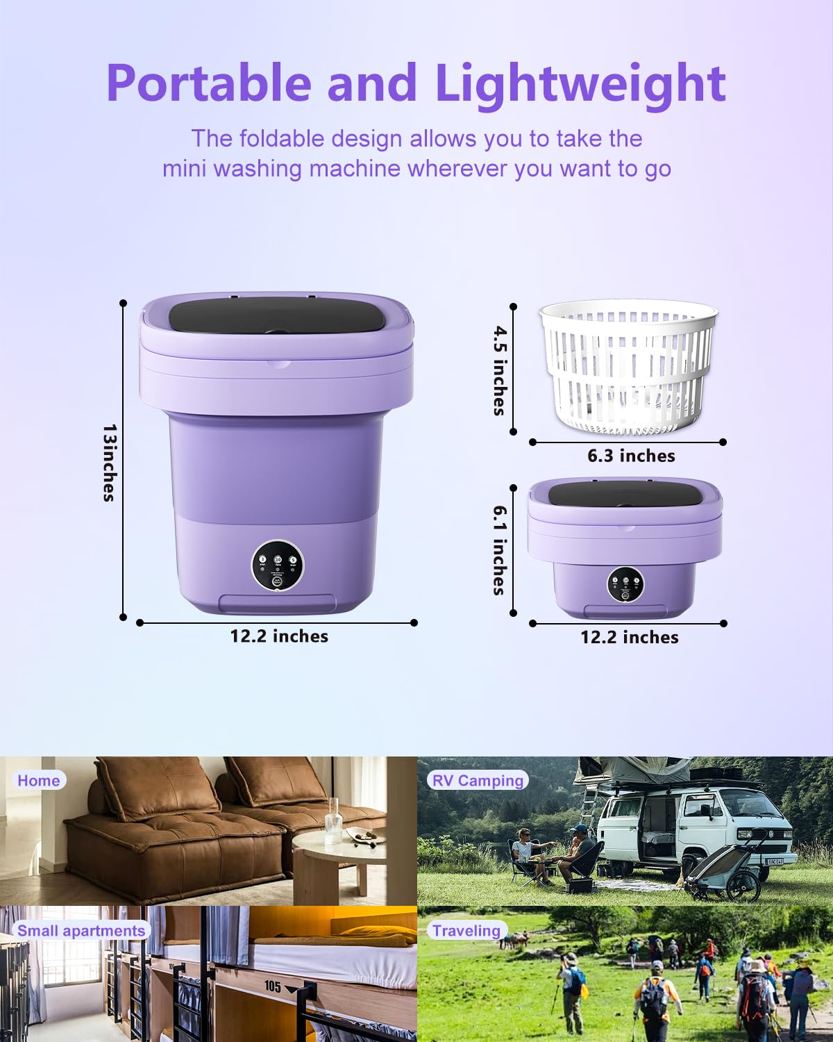 Portable Washing Machine, 16L Mini Washer for Apartments, RV & Travel | Folding Clothes Washer with Spin Basket & 3 Modes | Compact Washing Machine for Underwear, Socks, Baby Clothes (Purple)