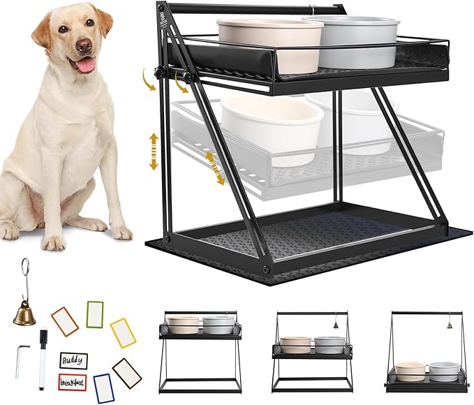 OneTigris Elevated Dog Bowl, Raised Dog Bowls for Medium Large Dogs, Adjustable Height, with Non-Slip Mat No-Spill Baffle, Height Adjustable from 2" to 11" Black (Bowls Not Included)