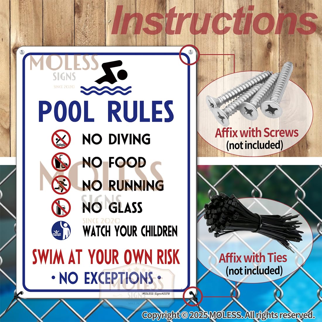 MOLESS 2 Pack Pool Rules Signs Outdoor – 14x10 Inch Pool Signs for Outside, Durable 0.040 Aluminum Weatherproof & UV Protected, Easy to Mount for Pool Safety, 2378-White