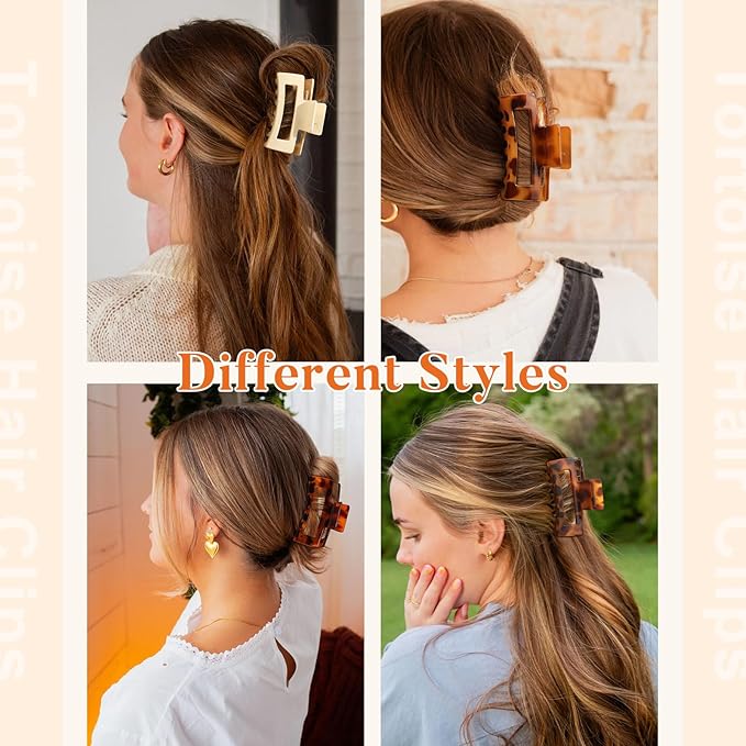 Auseibeely 6 Pcs Rectangle Tortoise Shell Claw Clip - 3.35 Inch Medium Hair Clips for Women and Girls, Non-slip Square Claw Clips for Thick/Thin Hair, Banana Jaw Clips Accessories for Gift