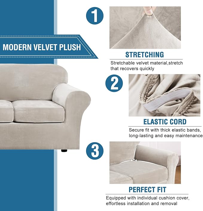 H.VERSAILTEX Rich Polyester Spandex Blend 2 Piece Cover Chair Slipcover Sofa Cover Furniture Protector Couch Soft with Elastic Bottom Chair Couch Cover with Arms Width Up to 49 Inch(Chair, Oatmeal)