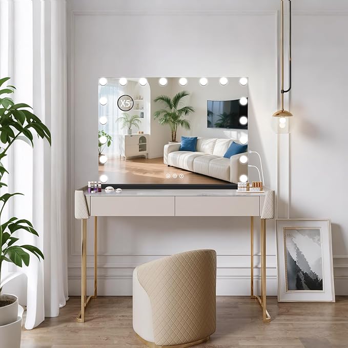 Vanity Mirror with Lights, 31.5" x 23.6" Large Makeup Mirror with LED Lights, Smart Touch Dimmable 3-Color Light, Memory Function, USB Charging Port Black