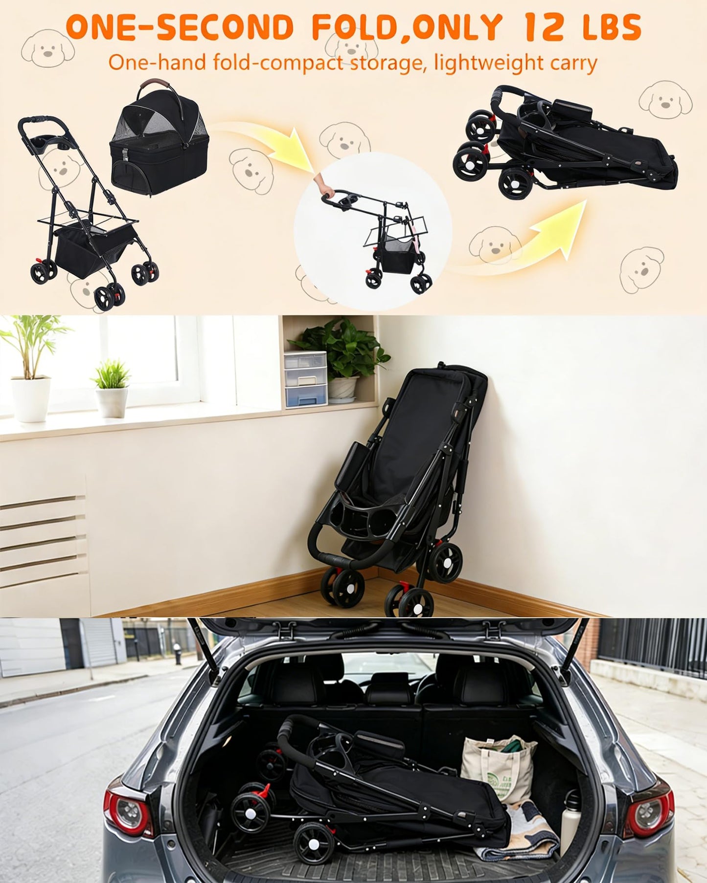 Pet Stroller with Removable Carrier, 35lbs Capacity - One-Click Foldable Dog Stroller, Cat Carrier & All-Terrain Wheels, Compact Travel Pet Stroller for Small to Medium Pets-Black