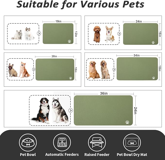 Dog Food Mat - Absorbent Cat Mat for Food and Water, No Stains Pet Feeding Bowl Mat, Easy to Clean Pet Placemats, Quick Dry Dog Water Dispenser Mat for Messy Drinkers | Paw Green 18"x 28"