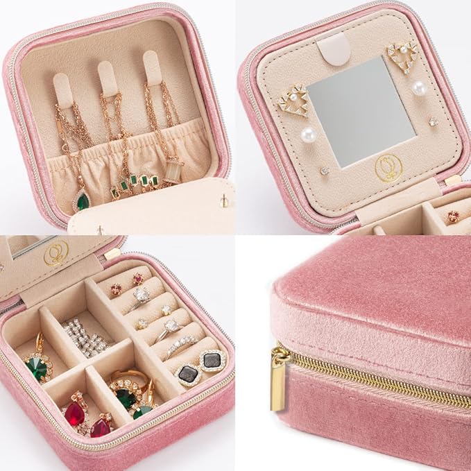 Plush Velvet Travel Jewelry Case, Travel Jewelry Organizer, Jewelry Travel Case, Travel Jewelry Box, Small Jewelry Case for Women, Jewelry Travel Box, Earring Organizer with Mirror - Pink