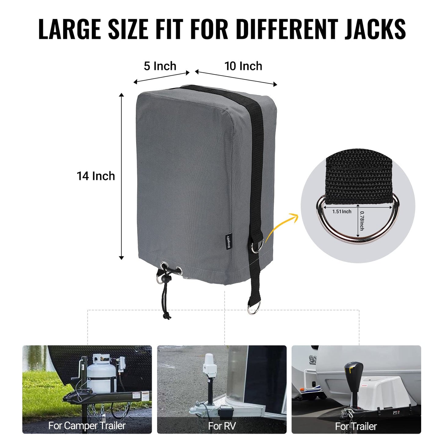 BougeRV RV Electric Tongue Jack Cover with D Rings, 600D Universal Trailer Jack Protective Grey Cover for Outside RV Parts RV Accessories