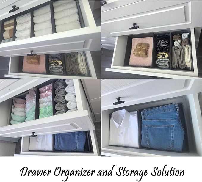 Sock Drawer Organizer 3 Pack - Foldable Fabric Storage Bins for Underwear Divider, Small Closet Organizers with 3 Compartments, Light Gray