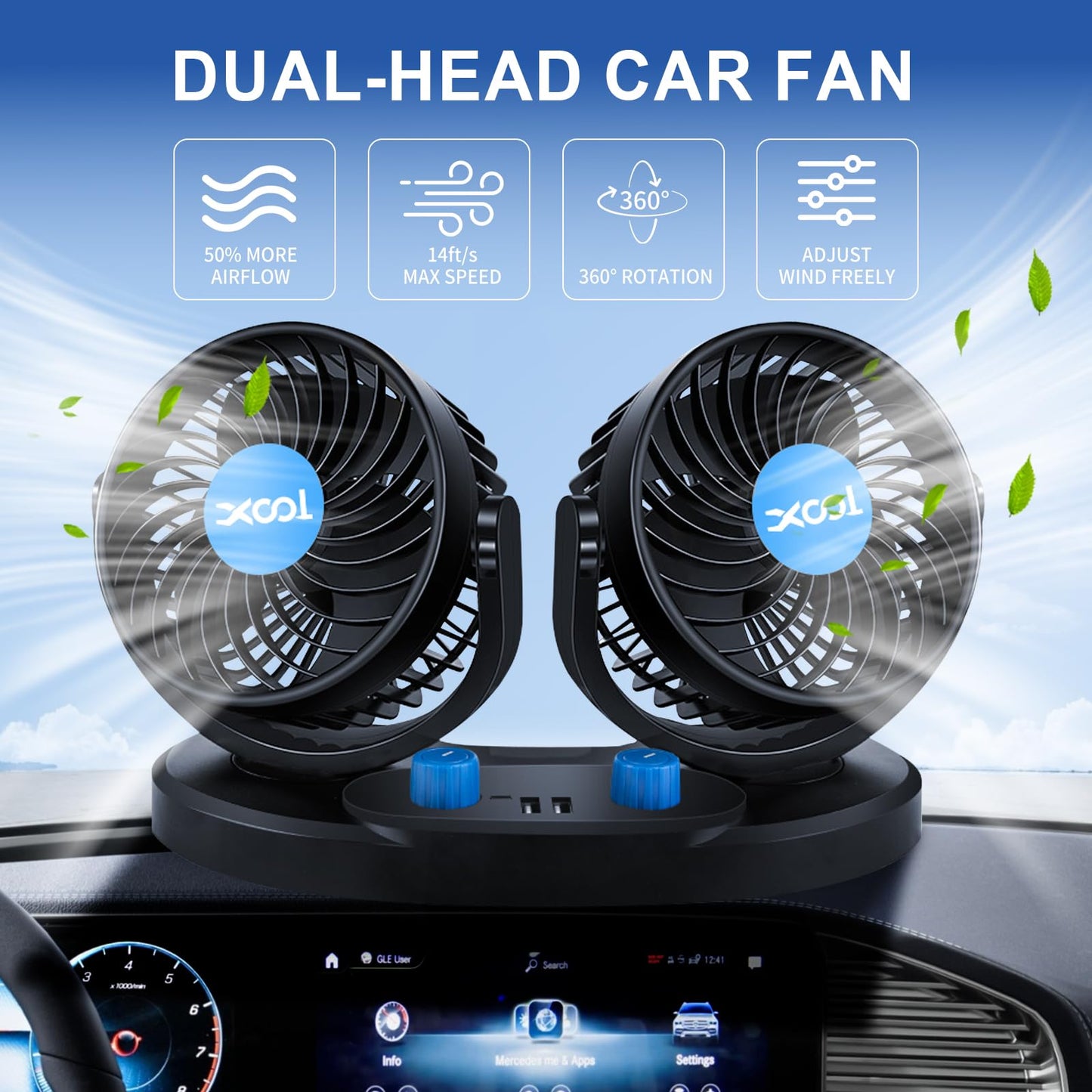 XOOL 12V Dual Head Car Fan – 2-Speed 360° Rotatable Cooling Fan with 2 USB Charging Ports Quiet Strong Airflow for Truck, Van, SUV, RV & Boat