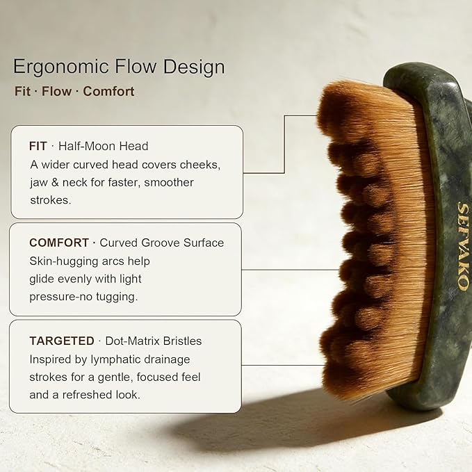 Lymphatic Contour Face Brush, Dual-Ended Dry Brush + Cool-Touch Jade Gua Sha Edge, 0.075mm Ultra-Soft Bristles Gua Sha Facial Tools, for Lymphatic Drainage, Less Puffy Look, Sculpt & Relax