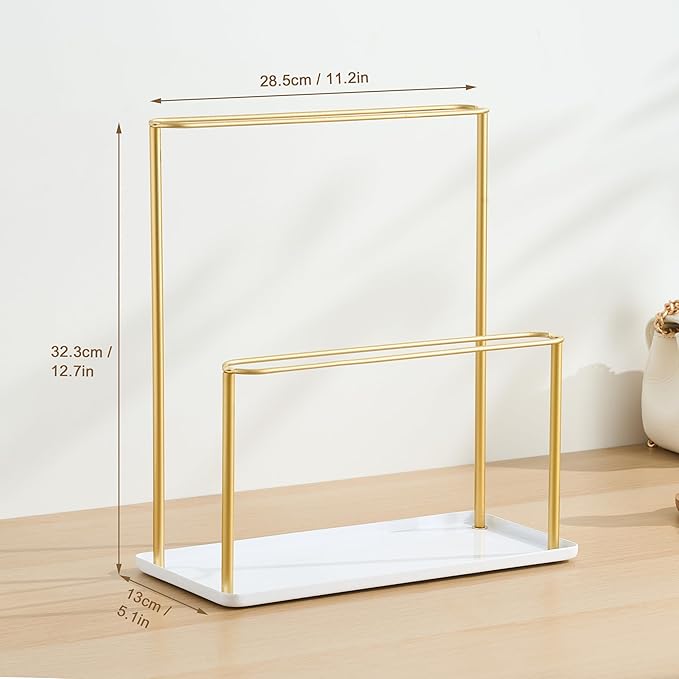 Headband Holder Organizer Metal 2-Tier with Tray: Hair Accessories Display Stand Storage Hairband Rack Necklace Stand Home Bedroom for Girls Women, Gold