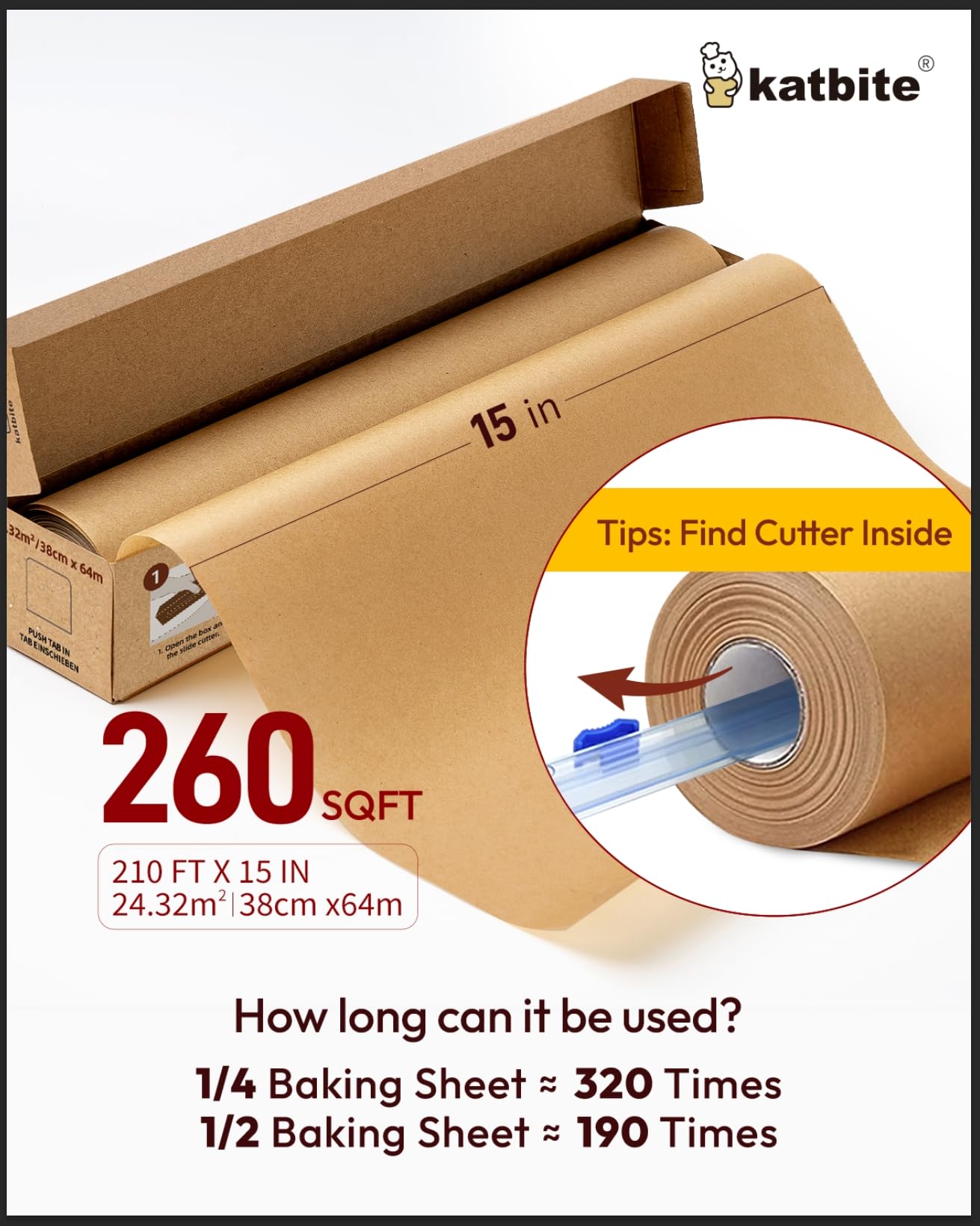 Katbite Unbleached Parchment Paper for Baking, 15 in x 210 ft, 260 Sq.Ft, Heavy Duty Baking Paper with Slide Cutter, Non-stick Brown Parchment Paper Roll for Cooking, Air Fryer, Steaming, Baking Bread