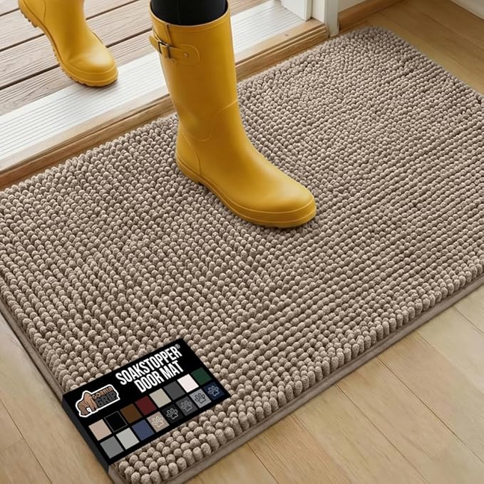 GORILLA GRIP SoakSTOPPER Dog Door Mat, 36x24 Machine Washable Rug Absorbent Doormat Captures Moisture Mud Dirt, Quick Dry Soft Chenille Entryway Rugs Indoor Entrance Mats for Dog Paws, Beige