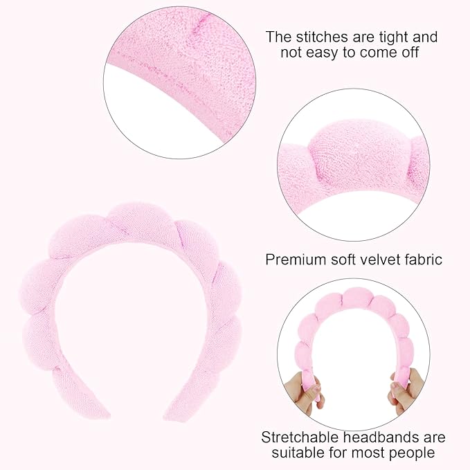 Semato Spa Headband and Wristband Set Skin Care Headband Fluffy Bow Face Wash Headband Hair Accessories Bubble Sponge Spa Headband for Women and Girls (pink)