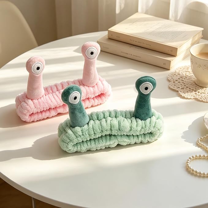 PERFECTSIGHT Kawaii Headband for Spa, Makeup, Washing Face, Party - 2 Pack Cute Hair Band for Shower Beauty Skincare, Soft Facial Headbands for Girls and Women (Green+Pink Snail)