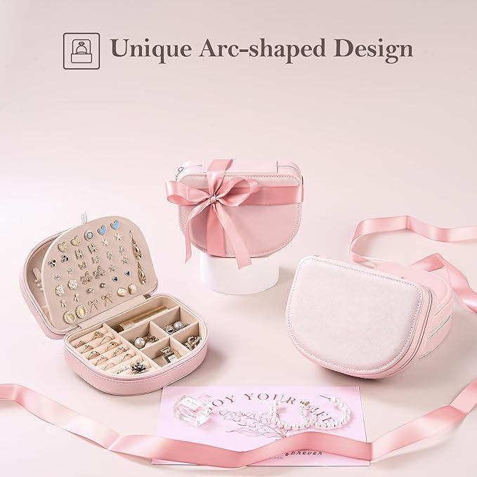 ProCase Travel Size Jewelry Box, Medium Portable Seashell-Shaped Jewelry Case, 2 Layer Jewelry Organizer in PU Leather for Women -Glossy Pink