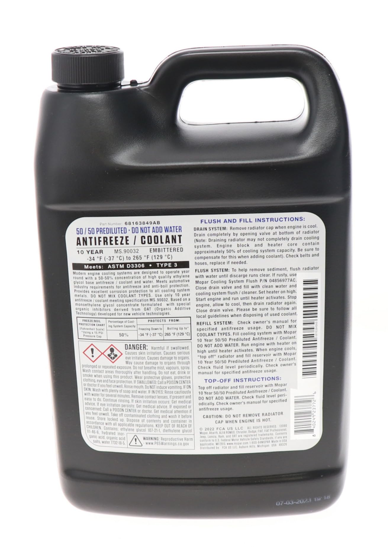 Mopar 68163849AB 10 Year/150,000 Mile Coolant 50/50 Premixed - Embittered, 1 Gallon