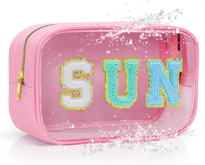 Clear Makeup Bag,Waterproof Sunscreen Bag with Letter Patches,Travel Beach Pool Bag,Personalized Travel Toiletry Cosmetic Bags Gifts For Girl Women Mom Teacher Nurse (Pink-Blue Tone Sun)