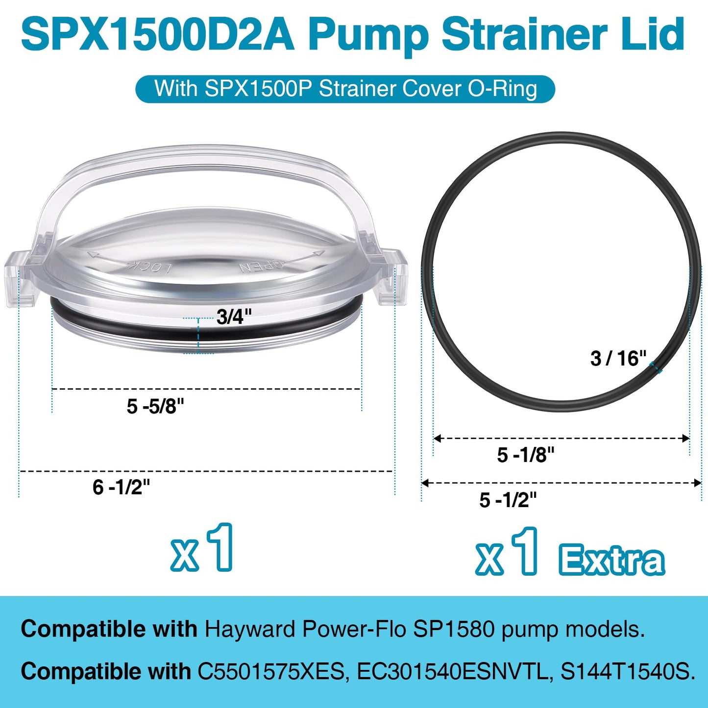 Feekoon Pool Pump Lid and O Ring, Pump Strainer Lid Compatible with Hayward Power-Flo SPX1500D2A, Clear Strainer Cover Replacement, 1 Extra O Ring and Lubricating Grease Included