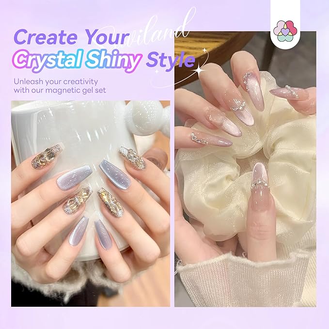 SAVILAND Color Artistry Cat Eye Gel Nail Polish 6 Colors: Crystal Shiny Gel Nail Polish Shimmer Glitter Rainbow Magnetic Glitter Cat Eye with Magnet Stick Soak Off U V Lamp Manicure Nail Art