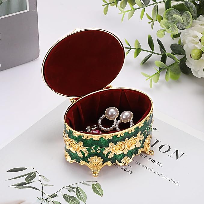 Hipiwe Vintage Jewelry Box Oval Trinket Display Case with Rose Pattern Decorative Green Treasure Box Ring Holder for Women