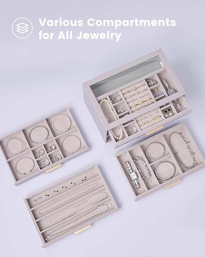 Lolalet Jewelry Box Organizer, 8-Layer Jewelry Organizers and Storage Case with Glass Lid, Ring Earring Bracelet Necklace Holder Organizer, Birthday Valentine Gifts for Women Girls -8Layer, HazePurple