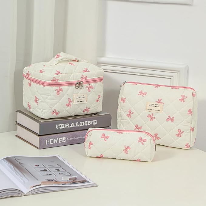 uekeboag Large Travel Quilted Makeup Bag for Women, Floral Cotton Cosmetic Bag, Coquette Aesthetic Floral Toiletry Organizer Bag