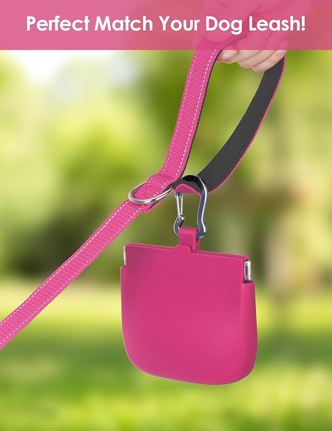 RBibei【One-Hand Access Silicone Dog Treat Pouch, Small Pocket Sized Training Pouch with Pull Tab & Auto Closing Lid for Easy Pet Training & Walking (Hot Pink)