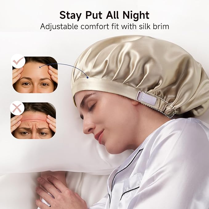 Kaome 100% Mulberry Silk Bonnet for Sleeping Women, 22 Momme Double Layer Silk Hair Wrap, Non-Slip Sleep Cap with Adjustable